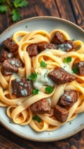 Savory Steak Gorgonzola Alfredo with Creamy Parmesan Sauce Recipe